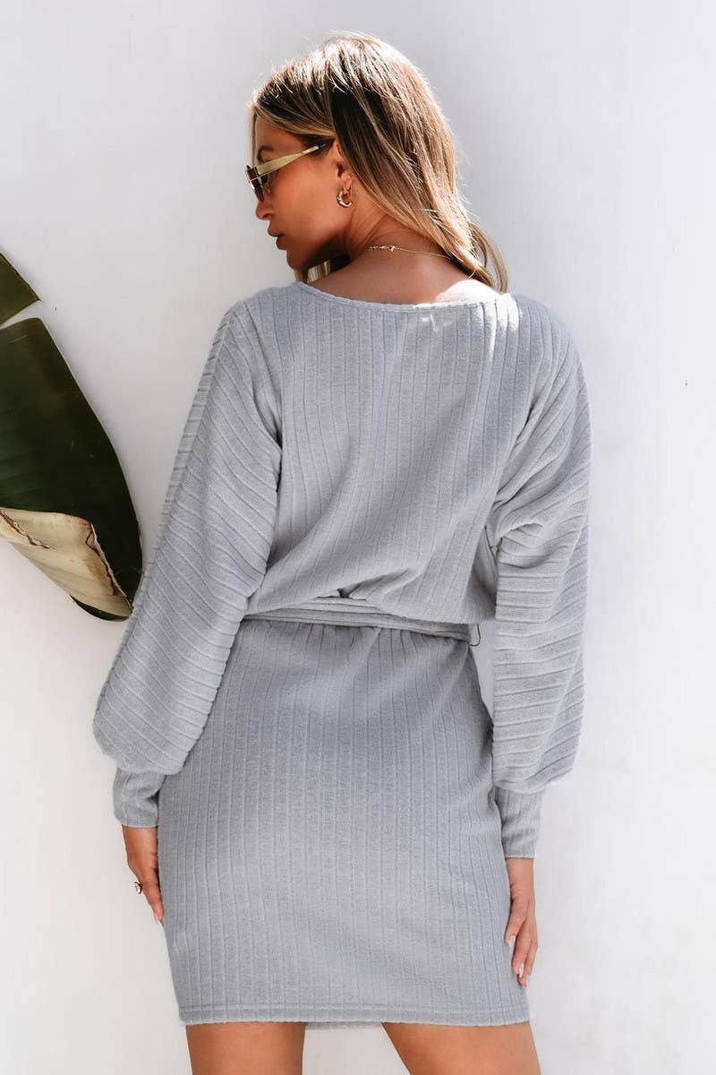 CWDSD10860_BELTED RIBBED KNIT LONG SLEEVE DRESS