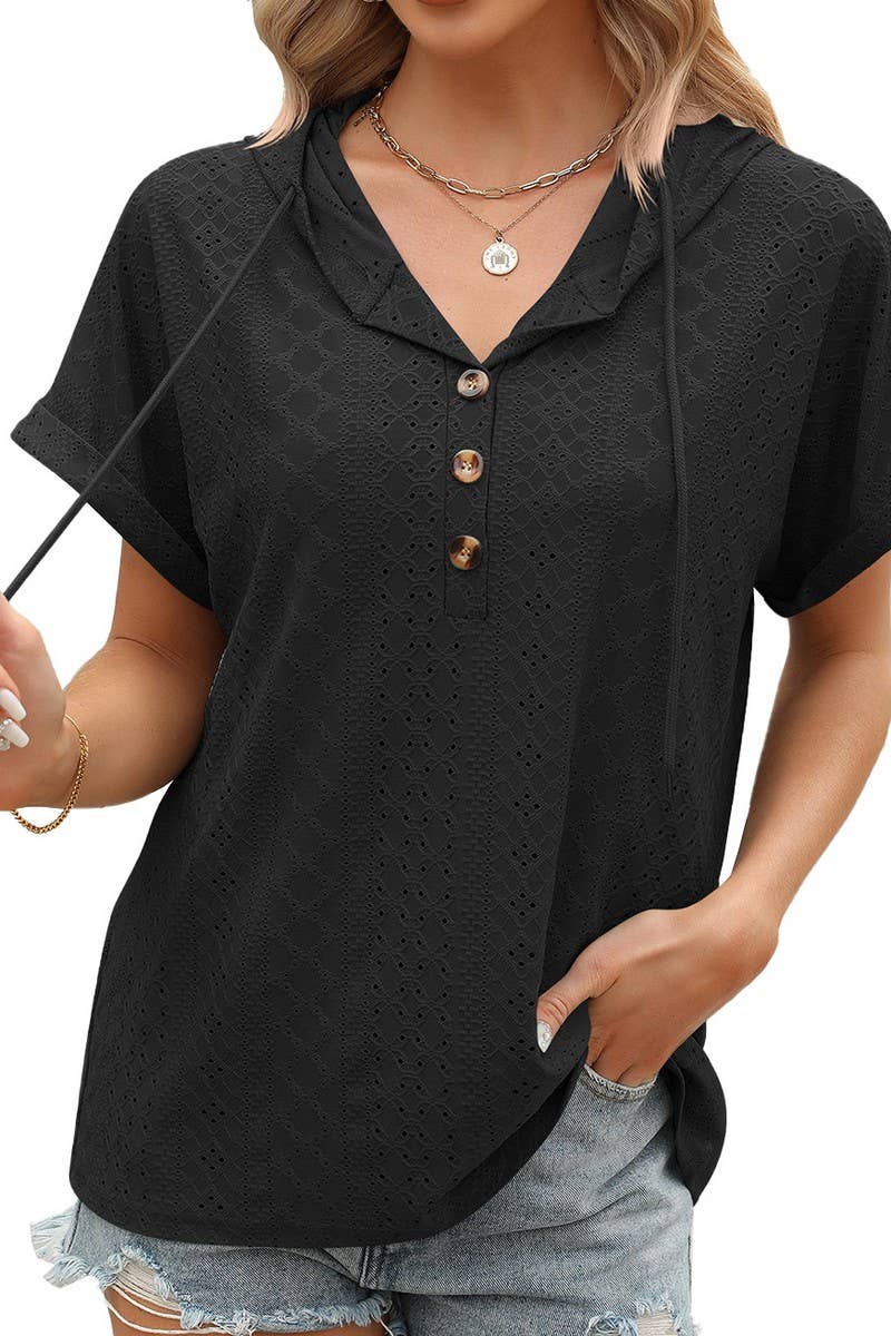 CWTTS1086_SOLID COLOR BUTTONED HOODED DRAWSTRING T-SHIRT