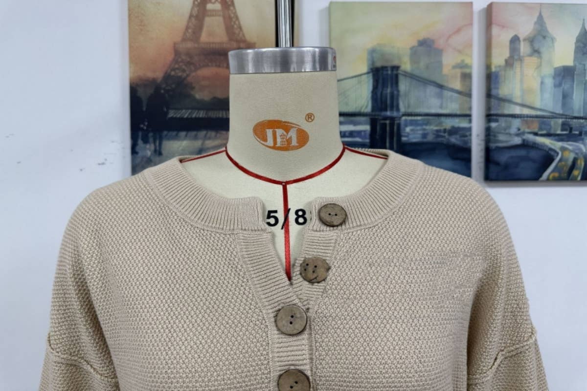 CWDMD538  Long Sleeve Loose V-Neck Button Tops Long Sweater