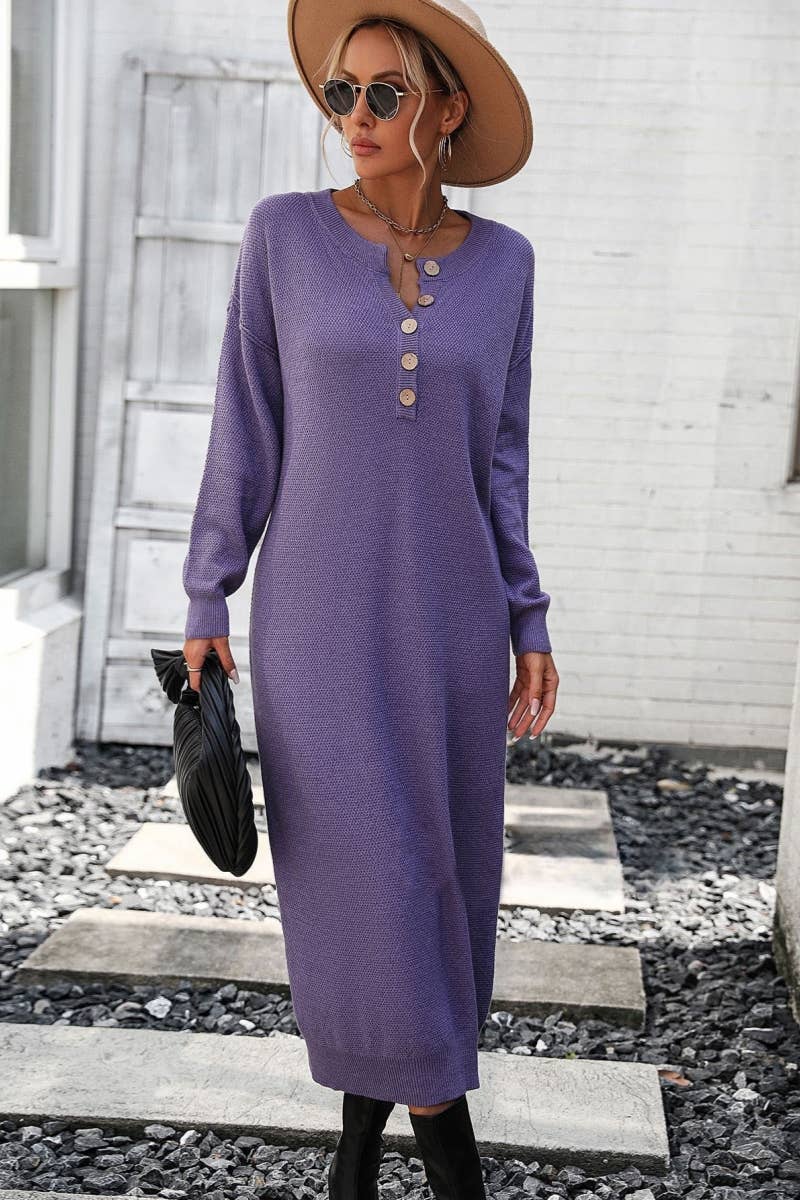 CWDMD538  Long Sleeve Loose V-Neck Button Tops Long Sweater