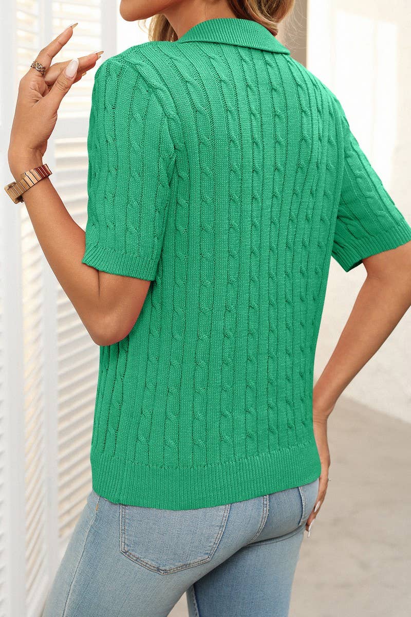 CWOSWS0127_V-NECK LAPEL CABLE-KNIT SHORT-SLEEVED PULLOVER