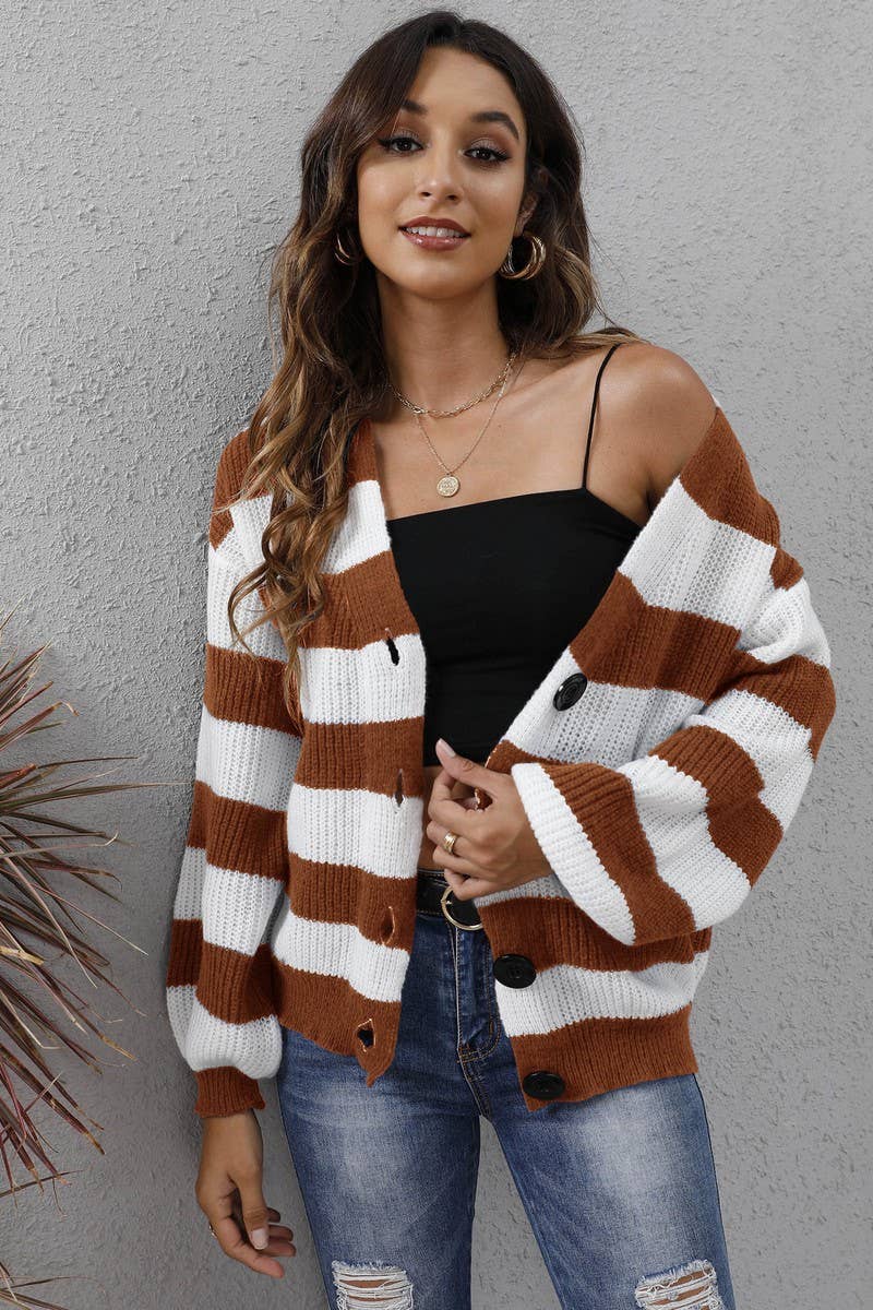 CWOSWL07335_WOMEN STRIPED COLOR BLOCK BUTTON KNIT CARDIGAN