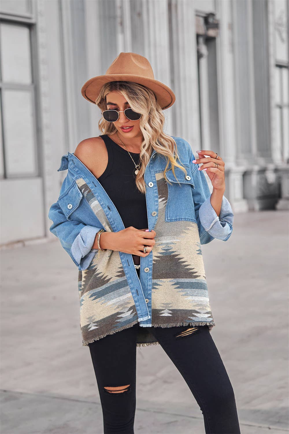 Denim patchwork lapel button-down woolen coat