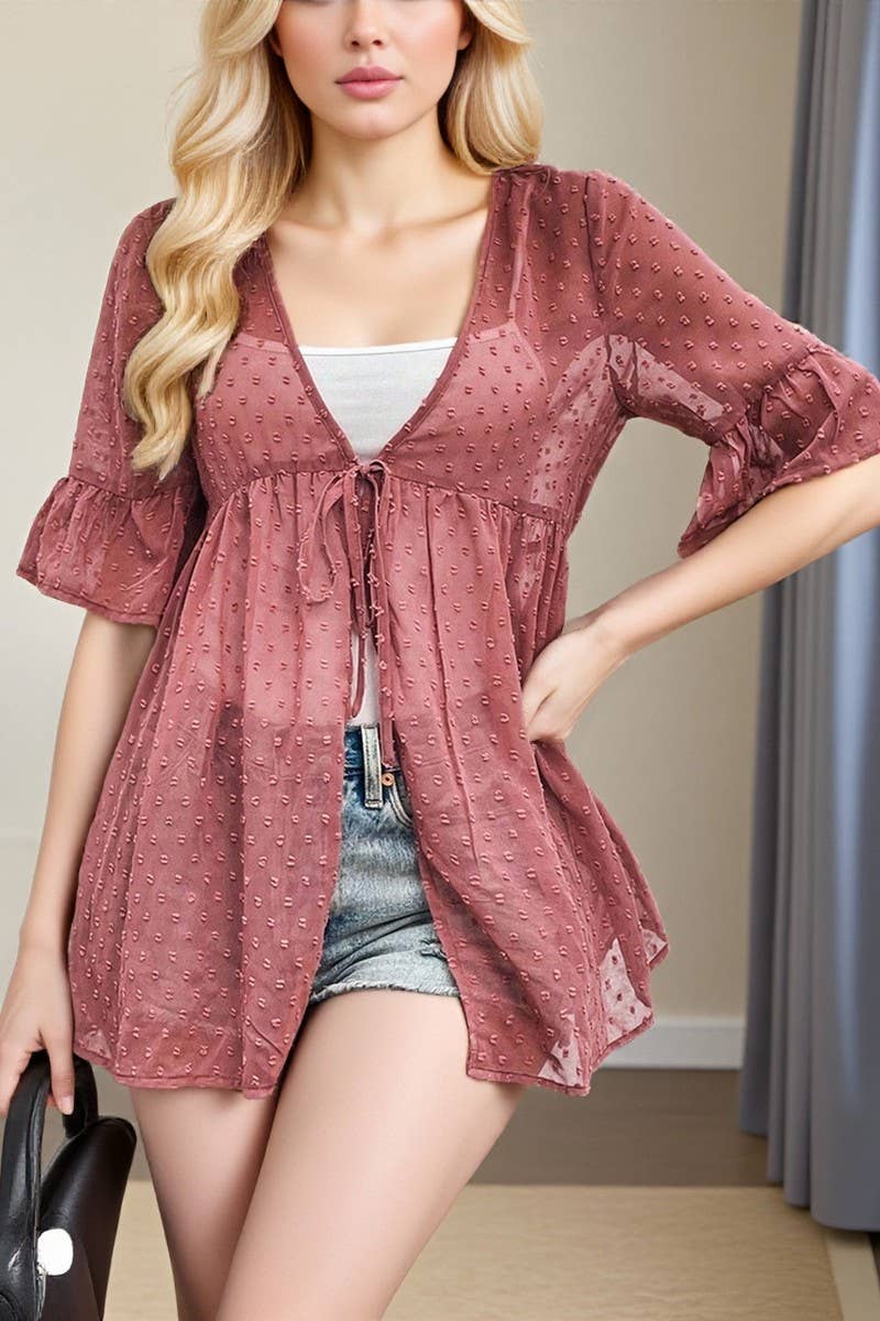 CWTBLS02430_CASUAL VACATION SOLID COLOR CARDIGAN LACE-UP SHI