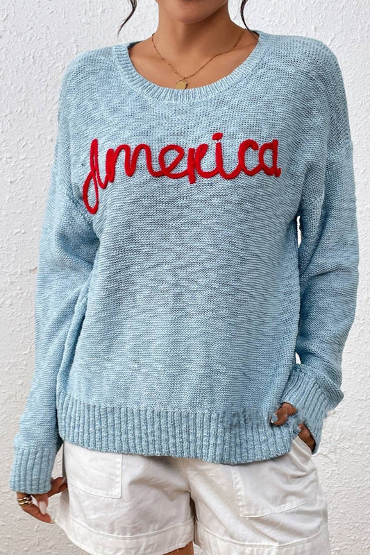CWOSWL6516_INDEPENDENCE DAY LETTER LONG-SLEEVED SWEATER