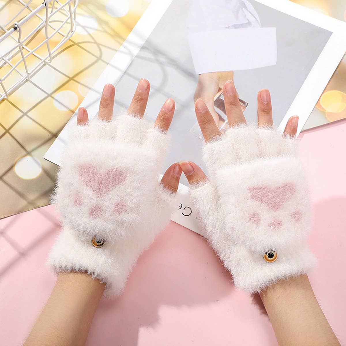CWAG00565_KIDS PLUSH BEAR CAT PAW FINGER FLIP GLOVES