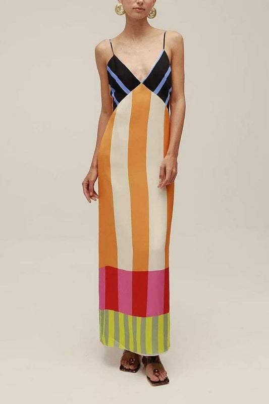 CWDMD6033_STRIPED COLORBLOCK SLIM FIT SLIT CAMI DRESS