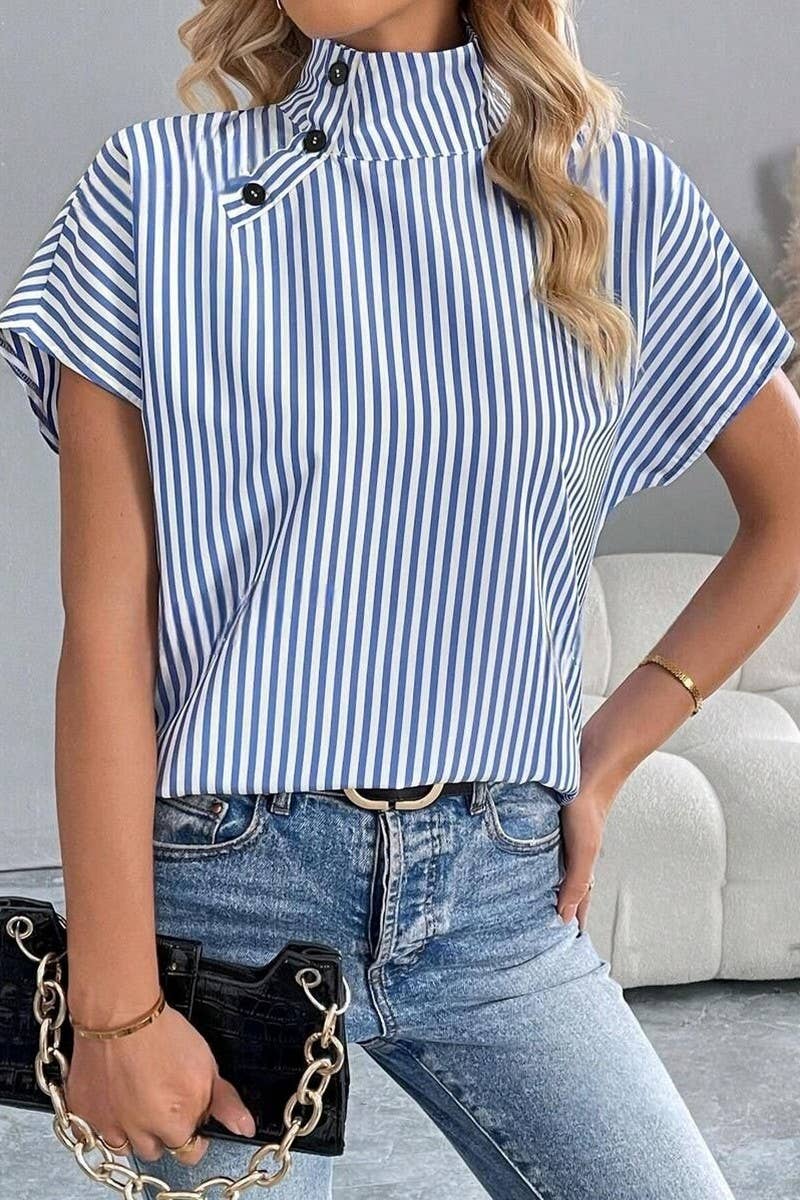 CWTBLS2232_SHORT SLEEVE HOLLOW OUT STAND COLLAR BUTTON SHIRT