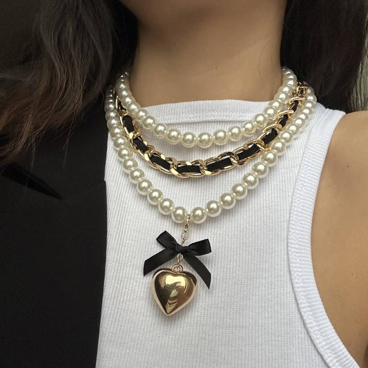 HIGH-END FASHION PEARL RIBBON BEADED NECKLACE