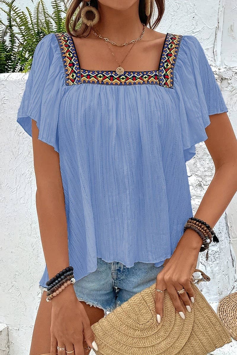 CWTBLS2011_EMBROIDERED LACE RUFFLE SLEEVE BACKLESS BLOUSE