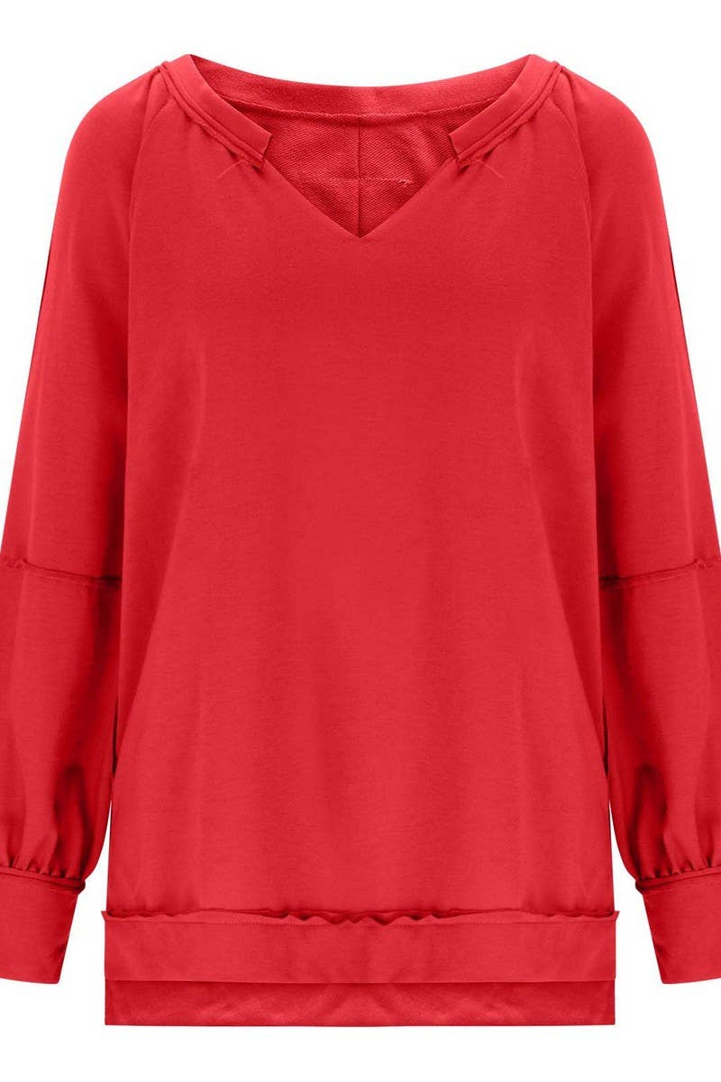 CWTBLL3940_LOOSE SOLID V-NECK ASYMMETRICAL LONG SLEEVE TEE