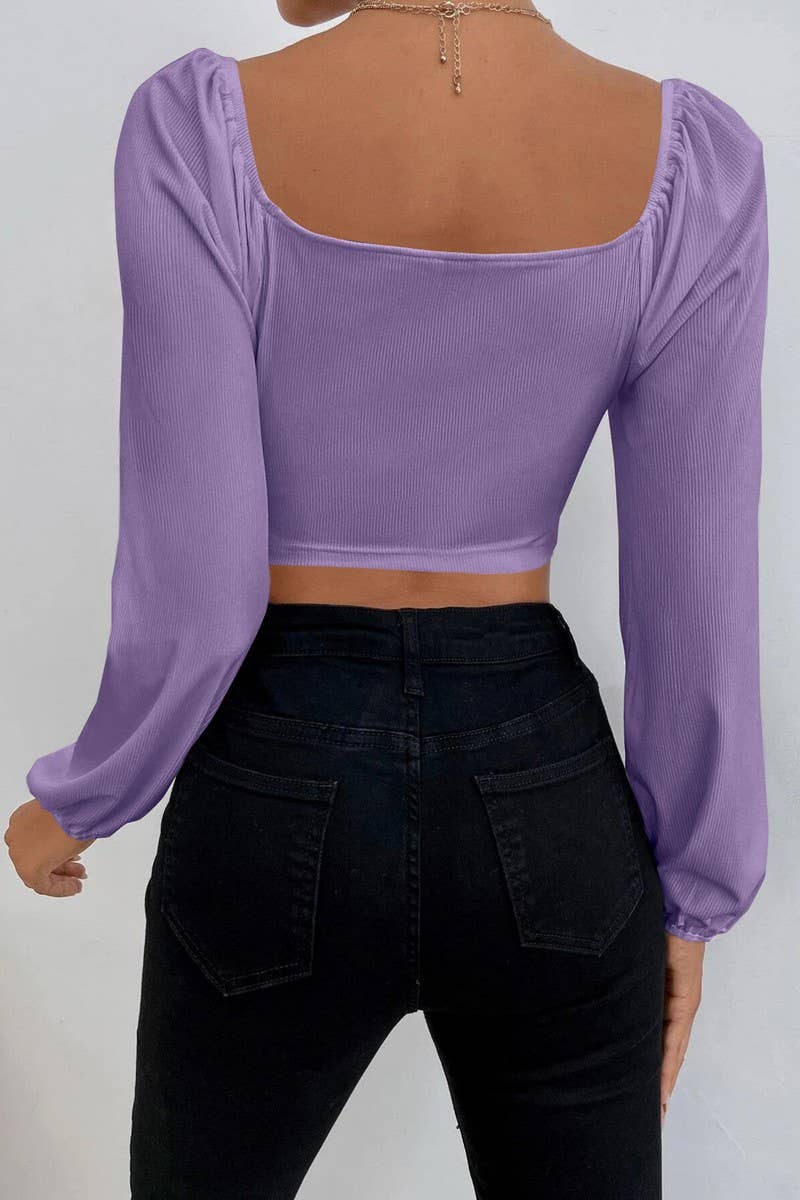 CWTBLL2226_SQUARE NECK LANTERN SLEEVES SHORT SOLID COLOR TOP