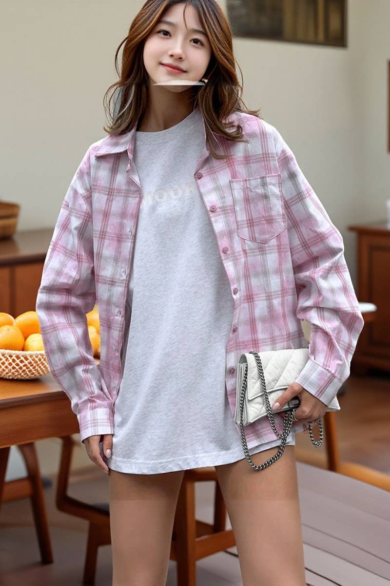 CWTBLL00596_LOOSE PINK AND WHITE PLAID LONG-SLEEVED SHIRT