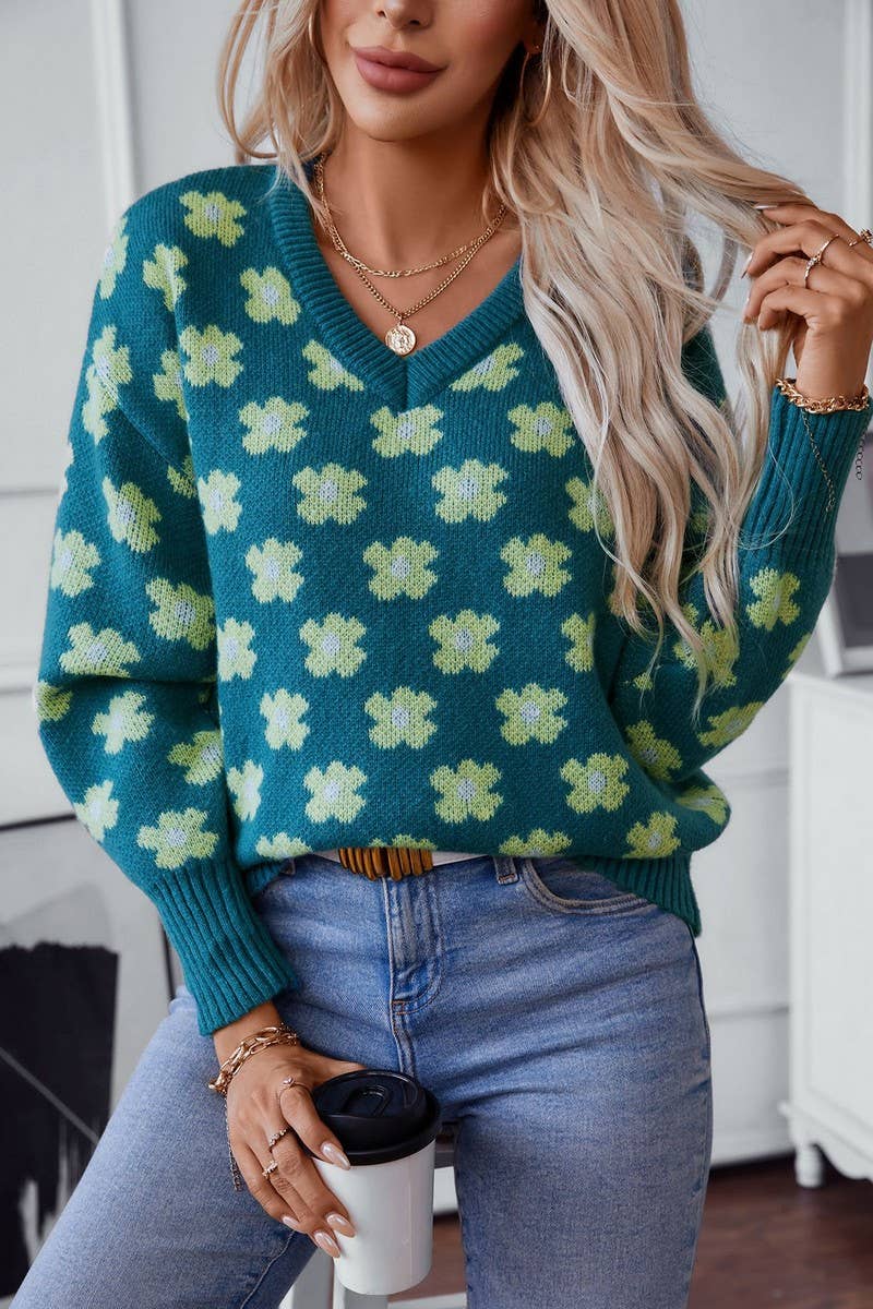 CWOSWL2806_FLORAL JACQUARD V-NECK PULLOVER SWEATER