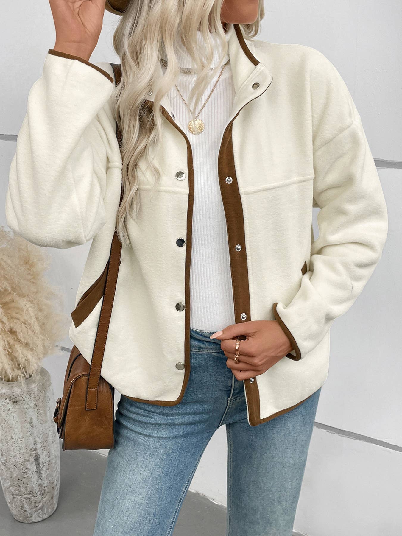 Color-blocking fleece single-breasted jacket