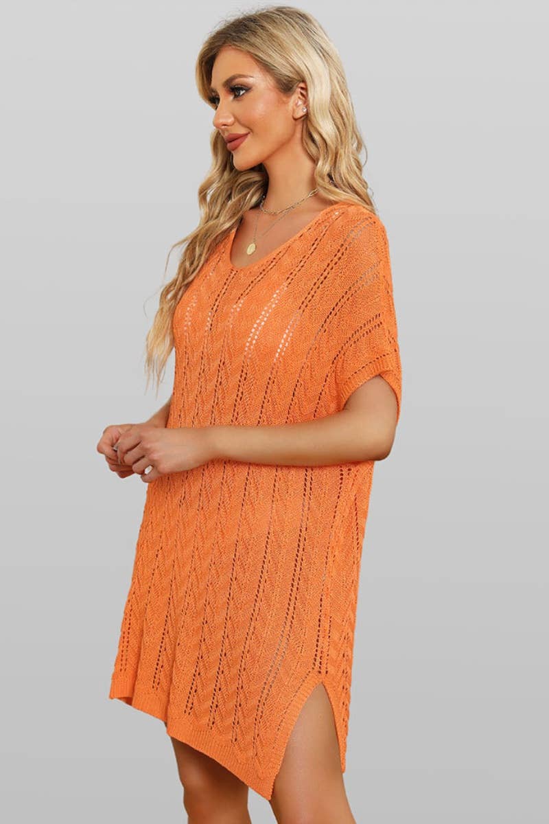 CWDSD3930_SOLID COLOR CUT-OUT SPLIT BEACH DRESS SMOCK