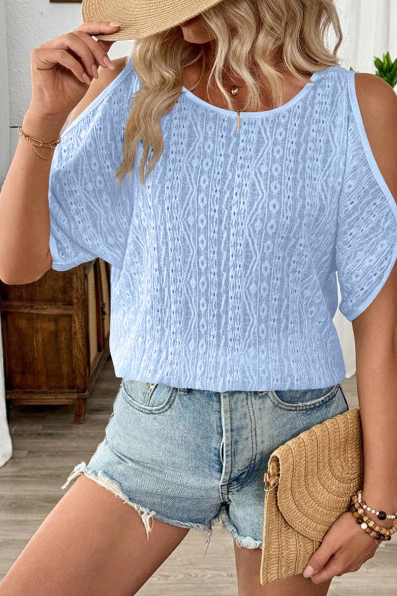 CWTBLS2261_SOLID COLD SHOULDER BATWING SLEEVE CUTOUT TEE