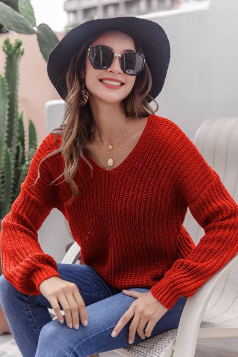 CWOSWL6431_SEXY V-NECK BACKLESS LONG-SLEEVED SWEATER