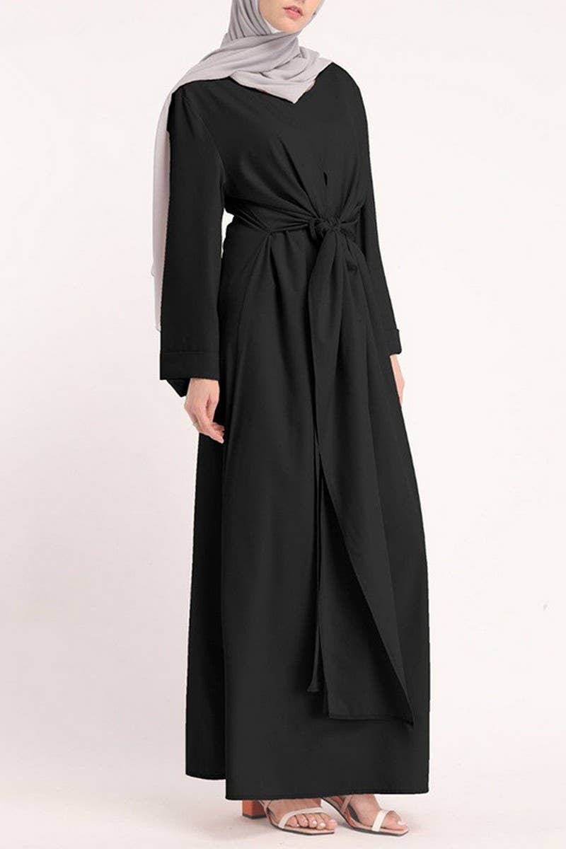 CWDMD3262_MUSLIM SOLID COLOR BELTED ROBE DRESS