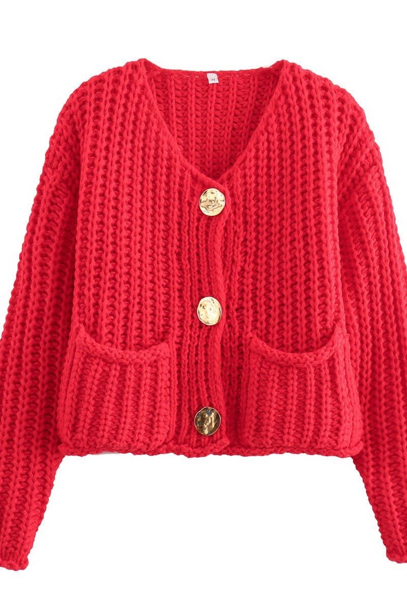 CWOCAL2046_SOLID COLOR METAL BUTTON CHUNKY KNIT CARDIGAN