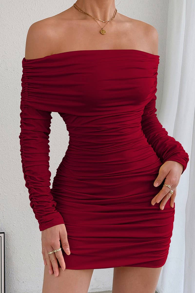 CWDSD10763_OFF SHOULDER LONG SLEEVE RUCHED BODYCON DRESS