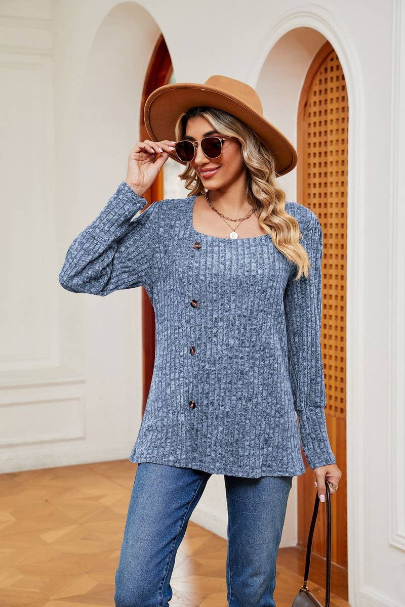 CWTBLL2372_SQUARE COLLAR BUTTON-DOWN LONG SLEEVE LOOSE TOP