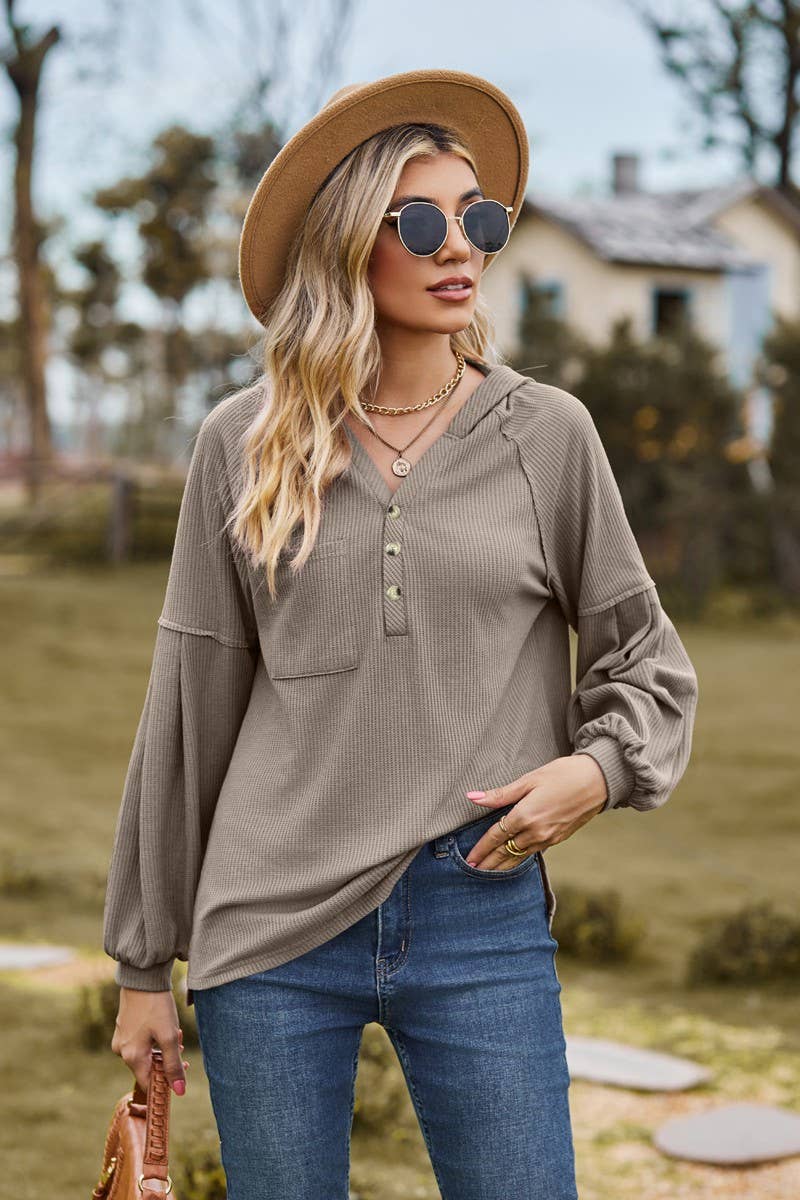 CWOHOL1095_NEW HOODED BUTTON LOOSE LONG-SLEEVED SWEATSHIRT