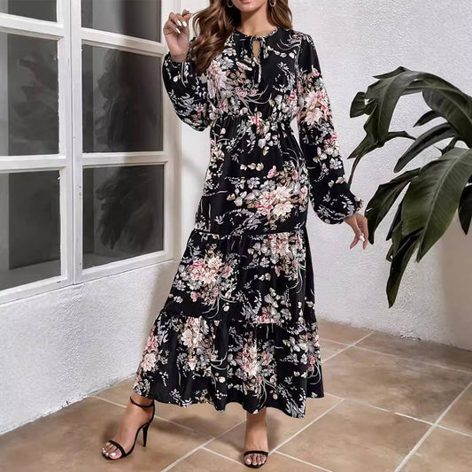 FLORAL PRINT BIG SWING FASHION SLIM LONG DRESS
