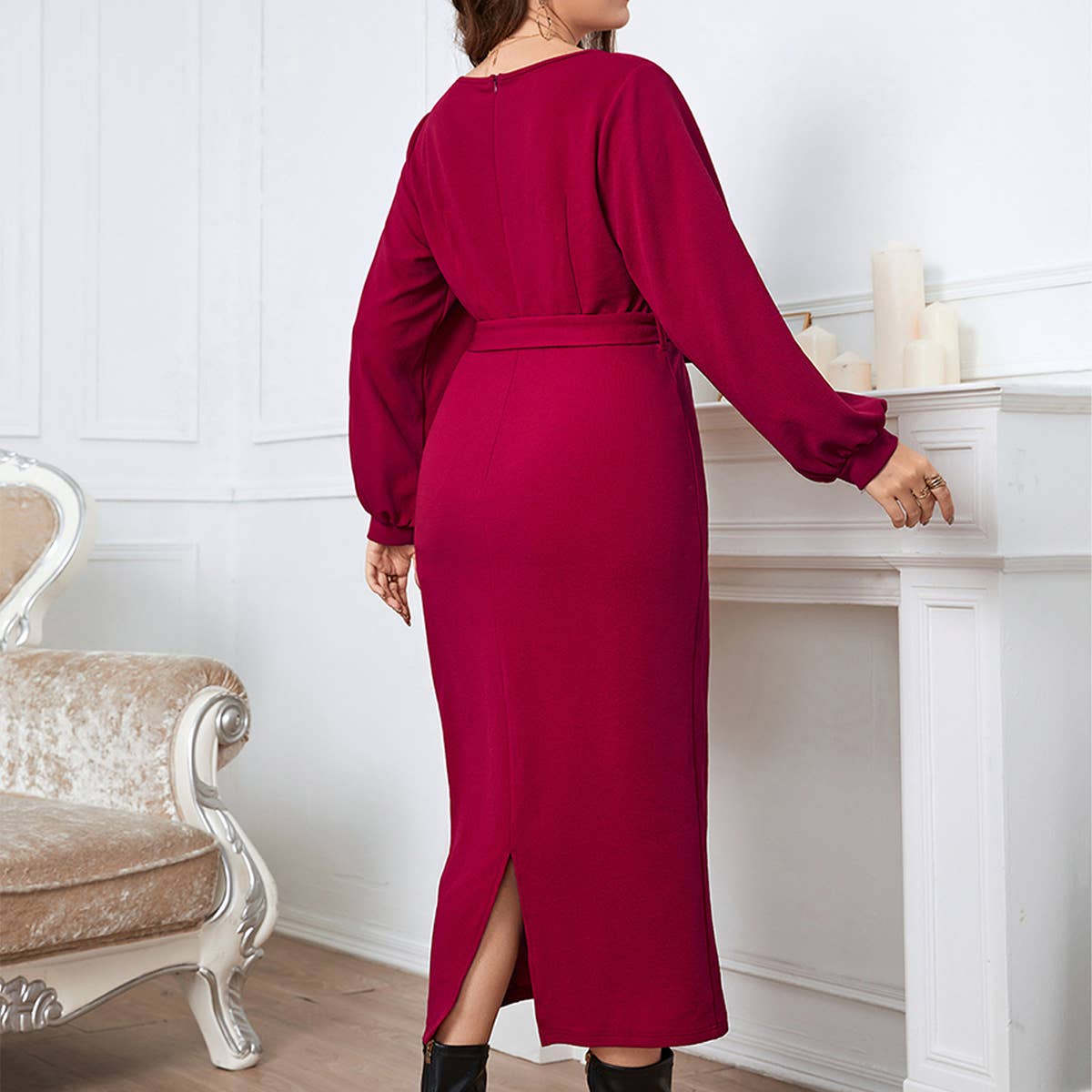 Red V-Neck Slim Fit Long Dress for Fall & Spring_CWDSD8473