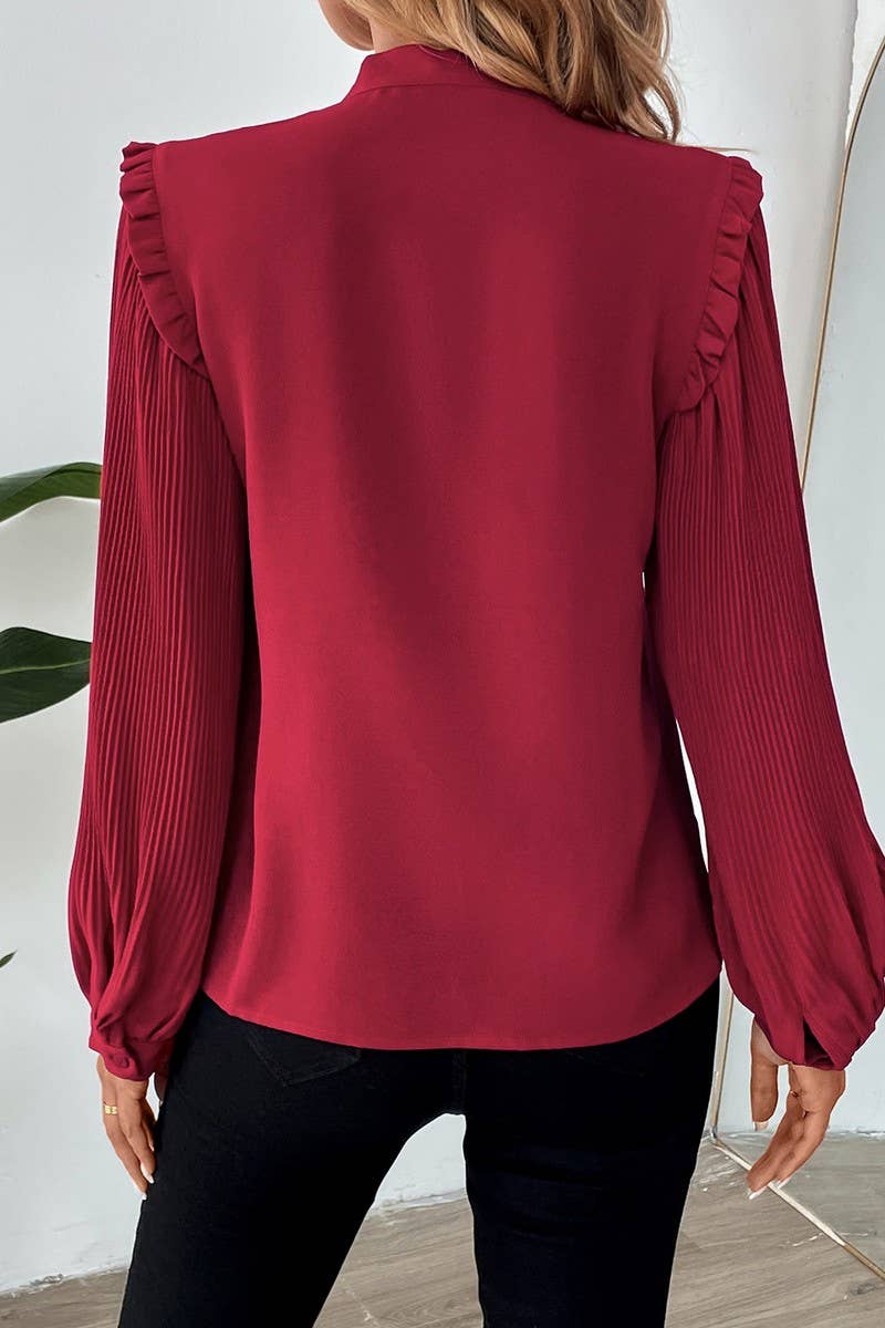 CWTBLL3701_TEMPERAMENT BOW TIE COLLAR LANTERN SLEEVE SHIRT