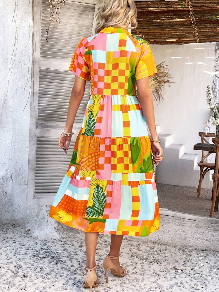 Casual Bohemian high-waiste color contrast dress