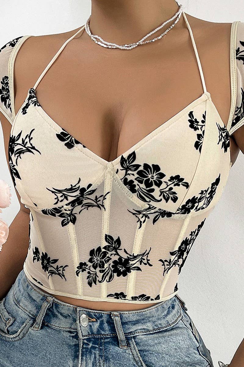 CWTBLS1664_TRANSPARENT LOW-CUT LACE-UP FLOCKED SHORT VEST