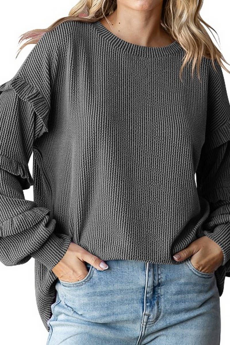 CWTBLL3202_BALLOON SLEEVE CREW NECK LAYERED SLEEVE PULLOVER