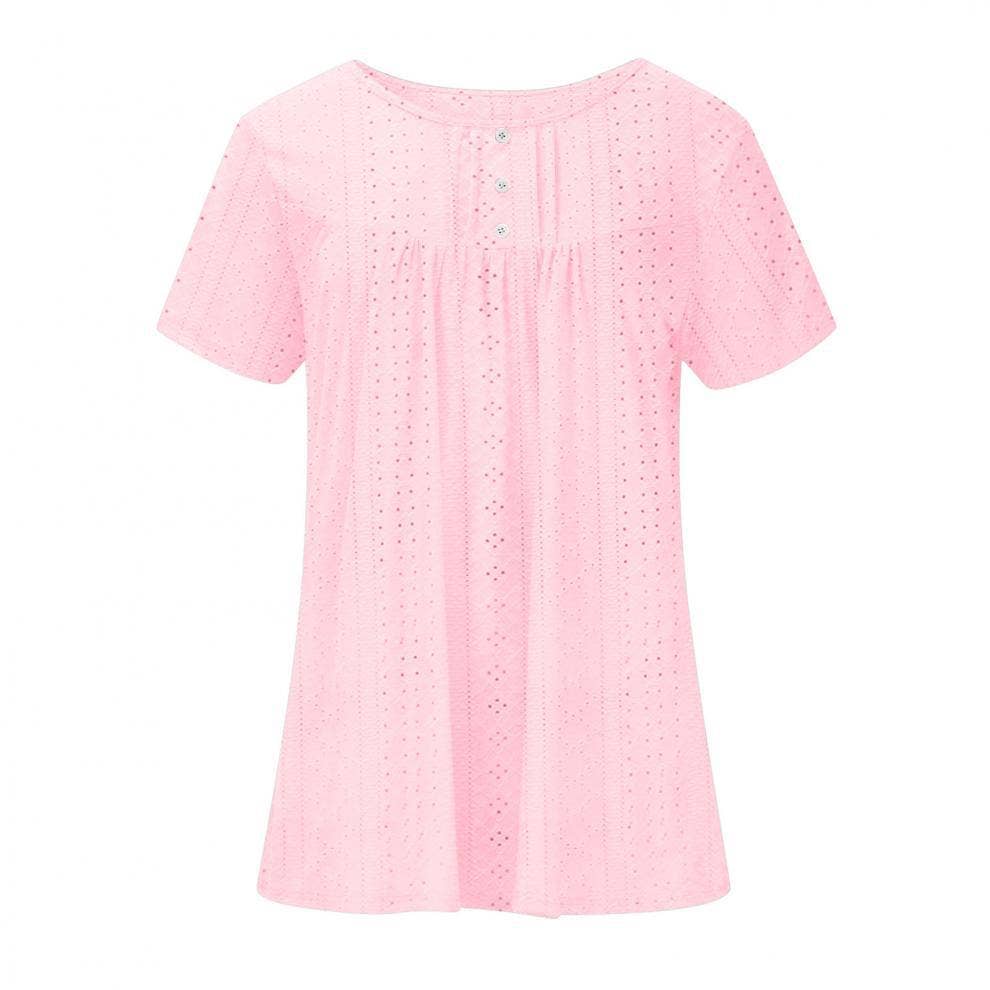 Crew-neck pleated button solid color ripped shirt