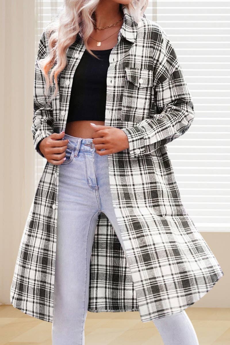 CWTSTL2395_PLAID SINGLE-BREASTED LONG-SLEEVED SHIRT LONG