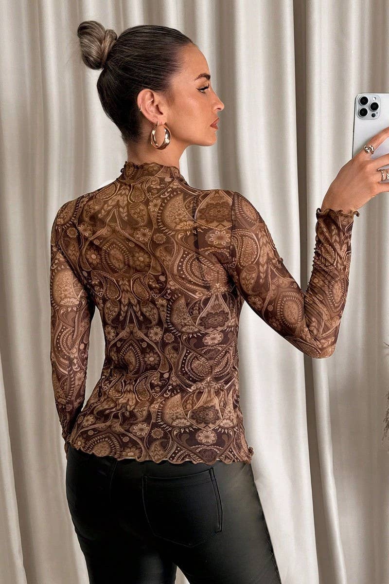 CWTBLL3467_LEOPARD PRINT MESH RUFFLED SLIM FIT TOP