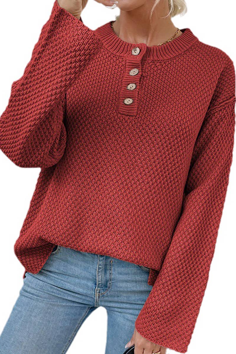 CWOSWL589_Loose V Neck Button Tops Pullover Sweater