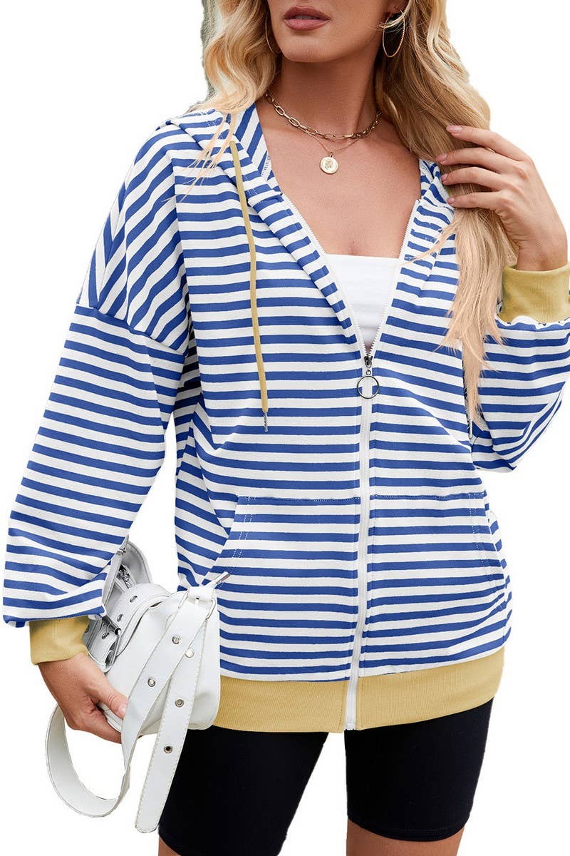 CWOCO0879_CASUAL CONTRAST STRIPE HOODED ZIP-UP SWEATSHIRT
