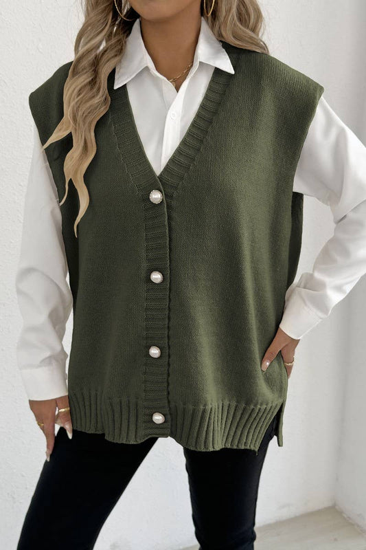 CWOJA00764_WOMEN PEARL BUTTON KNIT VEST CARDIGAN