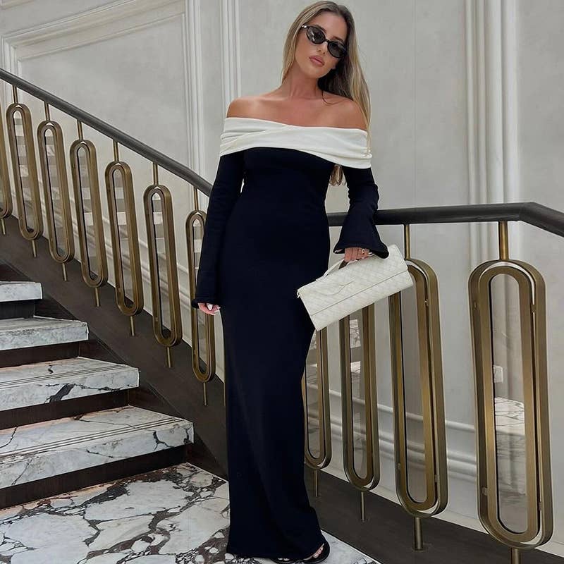 Color-blocking one-shoulder high-waisted dress