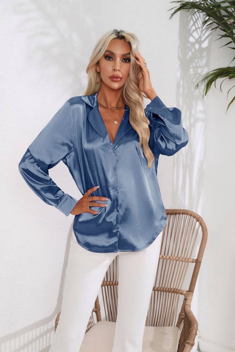 CWTBLL0693_Button Down Silky Satin Long Sleeve Top
