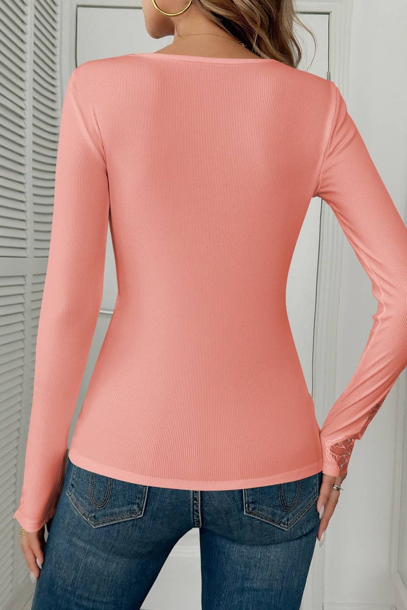 CWTBLL3923_SOLID LACE TRIM RHINESTONE LONG SLEEVE TEE