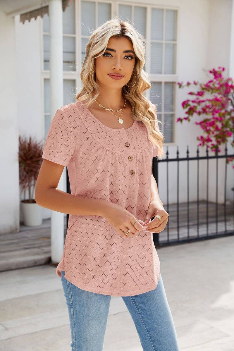 CWTBLS0435_Round Neck Short Sleeve Blouse