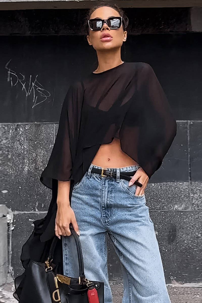 CWTBLL538_SOLID COLOR SEE-THROUGH LOOSE LONG-SLEEVED TOP