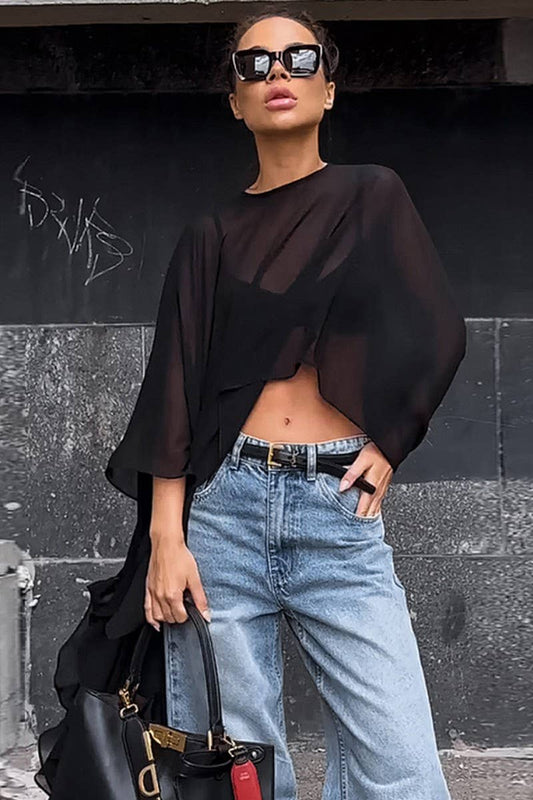 CWTBLL538_SOLID COLOR SEE-THROUGH LOOSE LONG-SLEEVED TOP