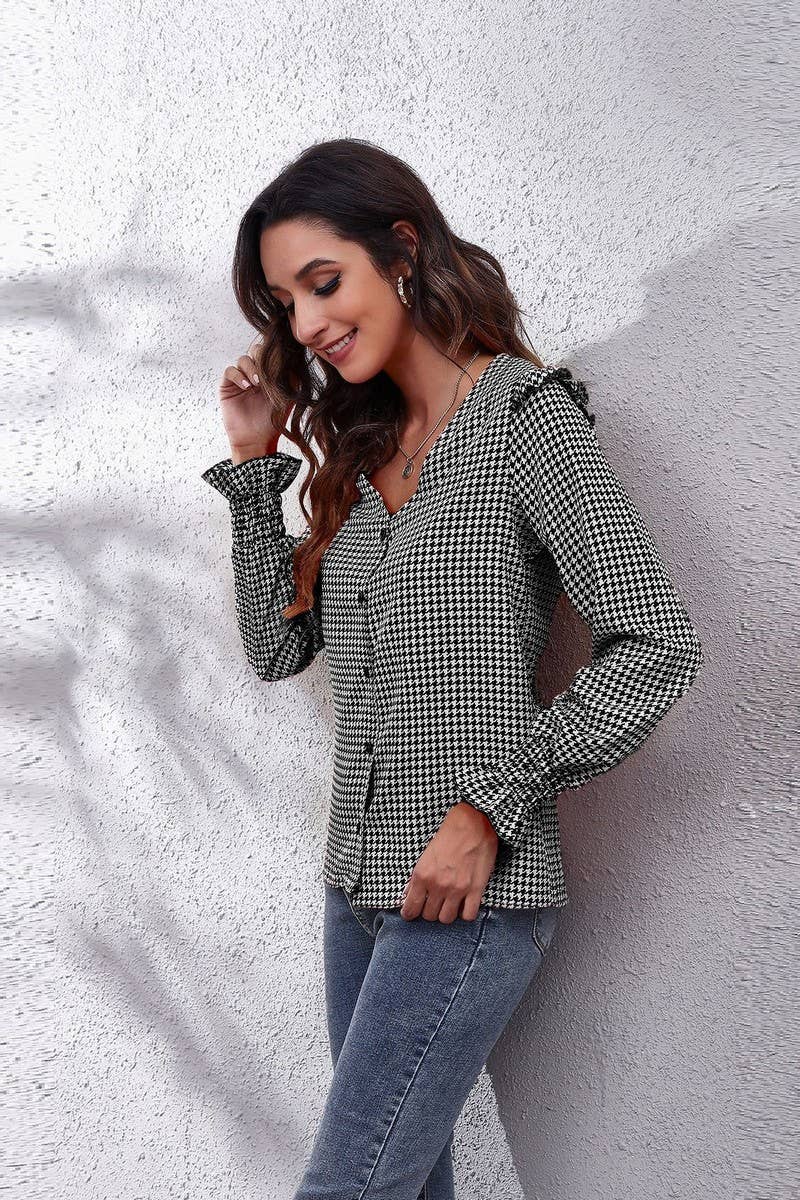 CWTTL1394_V-Neck Casual Long Sleeve Print Top