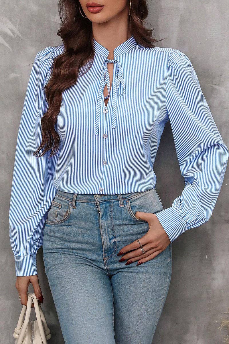 CWTBLL01287_HALF-OPEN COLLAR TIE LONG-SLEEVED STRIPED SHIRT