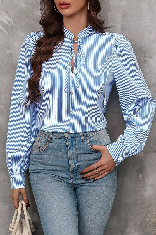 CWTBLL01287_HALF-OPEN COLLAR TIE LONG-SLEEVED STRIPED SHIRT