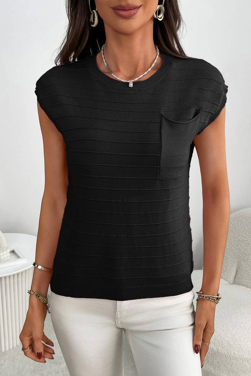 CWTBLS2258_STRIPED KNIT SHORT SLEEVE POCKET PULLOVER SWEATER