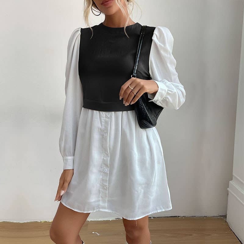 Color-block long sleeve dress with round neck